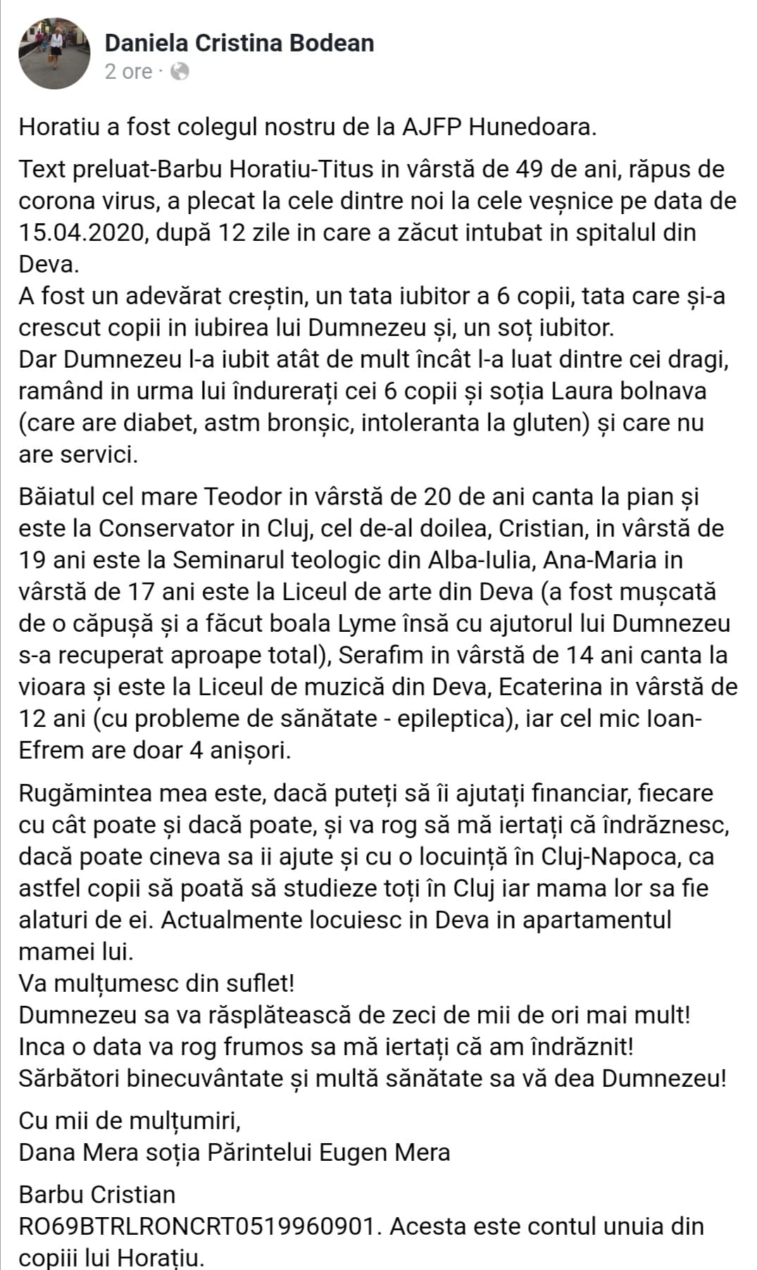 Tată cu șase copii, mort din cauza COVID-19, la 12 zile de la internare