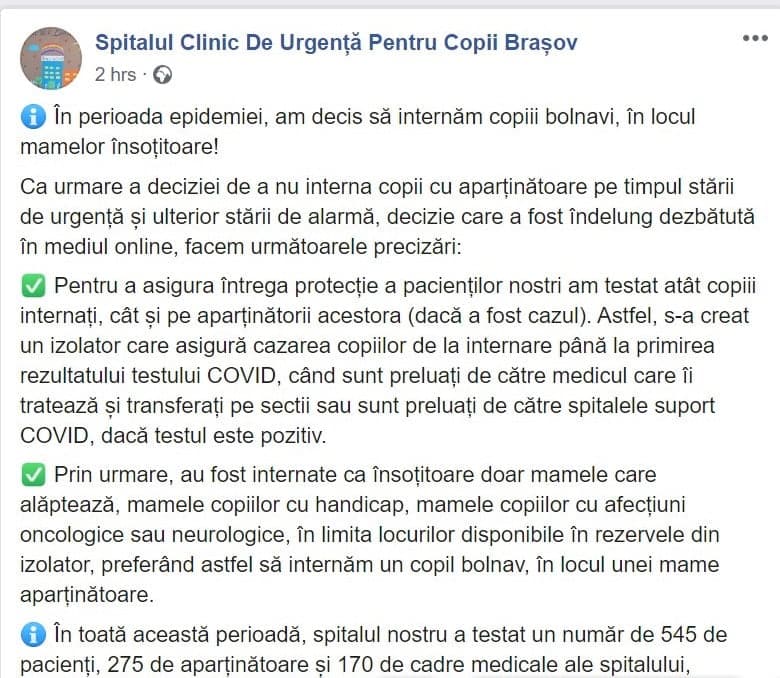 Spitalul Clinic de Urgență Pentru Copii Brașov refuză internarea mamelor împreună cu cei mici | Demamici.ro