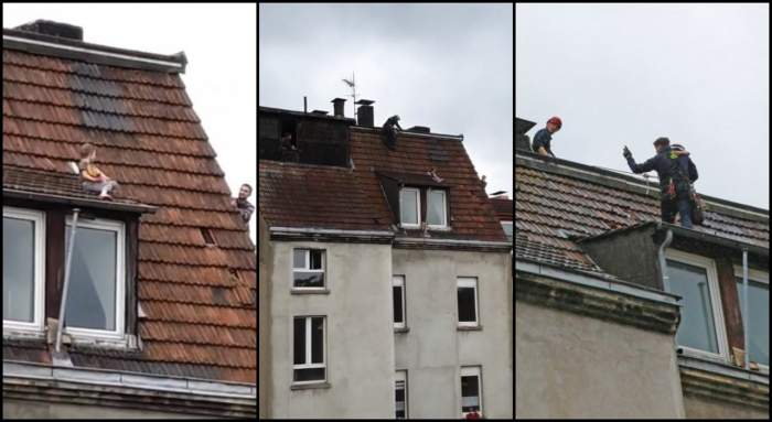Momentul în care un băiețel e salvat de pe acoperișul unui bloc: 
