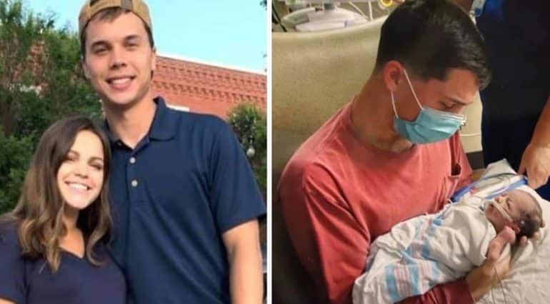 Un tată îndurerat îți ține în brațe bebelușul salvat din accident. Soția însărcinată a murit cu cel mic în pântece