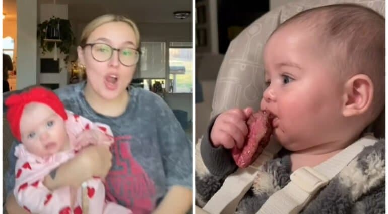 O mamă a stârnit o revoltă online după ce s-a filmat în timp ce își hrănea fetița de 6 luni cu friptură
